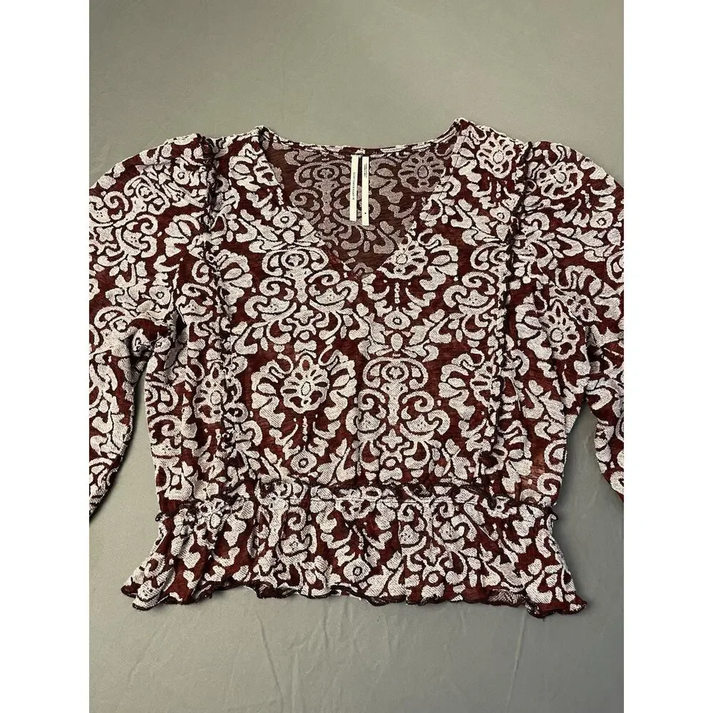 By Anthropologie Jacquard Peasant Blouse Medium Burgundy Cropped Sheer